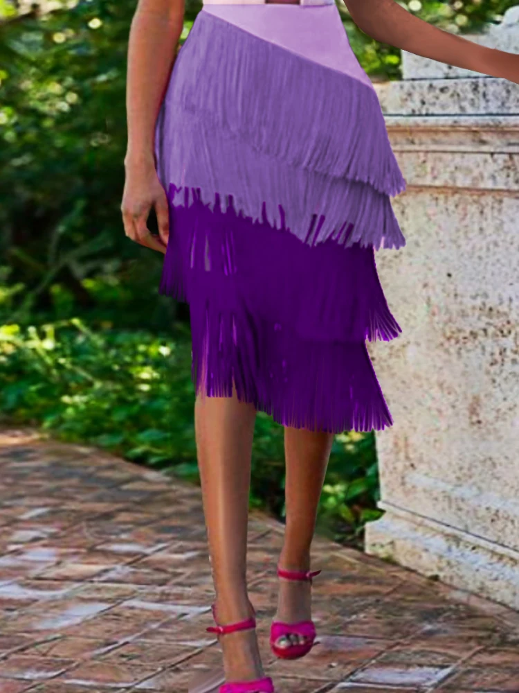 Women Tassel Midi Skirt Purple Fringe High Waist Pencil Classy Gradual Change Slim Elegant Party Elegant Date Event Bottom Jupes