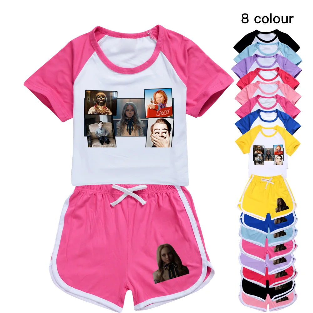 

Новые детские танцевальные комплекты M3GAN, летняя одежда для девочек, спортивные костюмы с коротким рукавом и принтом, Детская футболка + штаны, наряды