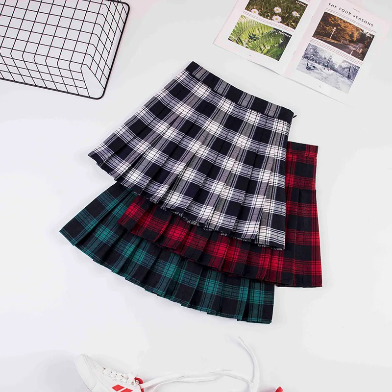 

Spring and Autumn New Pleated Skirt High Waist Women A- Line Dress Red Korean Harajuku Plaid Skirt England Style