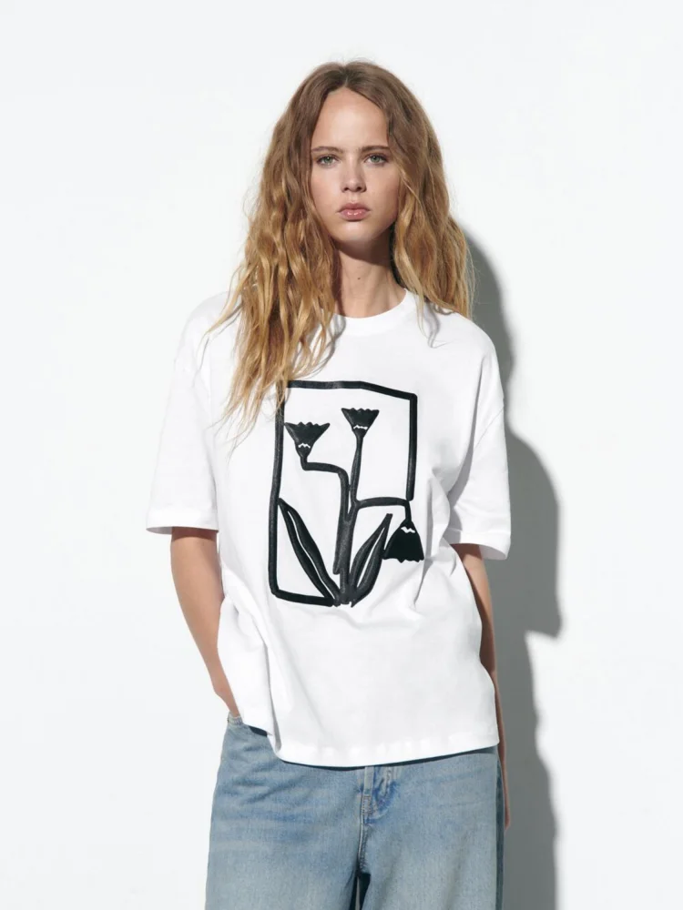 

TAOP&ZA 2023 New Women's Clothing Retro Slim Fit All-match Round Neck Decoration Front Printed T-shirt 1165230