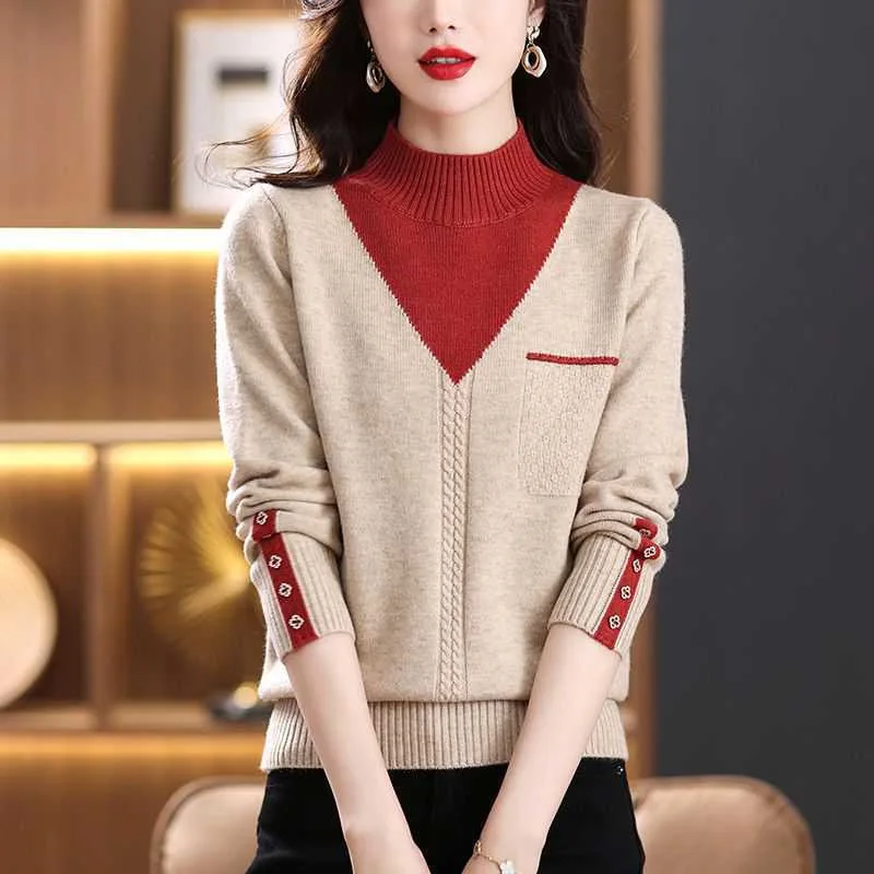 

Color matching fake two-piece sweater women's autumn and winter new loose western style Joker slim knit bottoming shirt