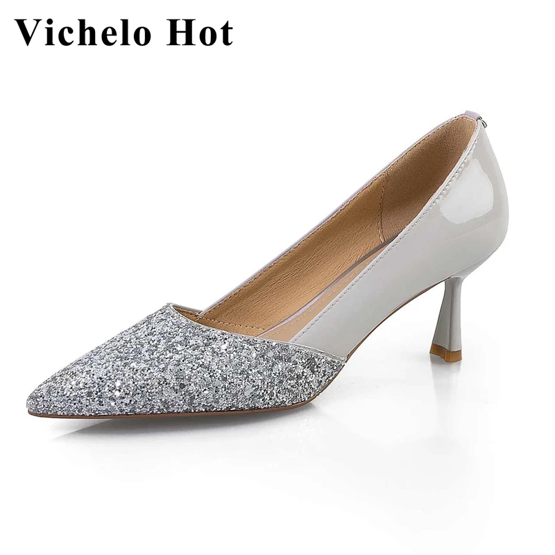 

Популярные блестящие тканевые туфли Vichelo с острым носком на тонком высоком каблуке Лоскутные блестящие женские туфли-лодочки для свиданий ...