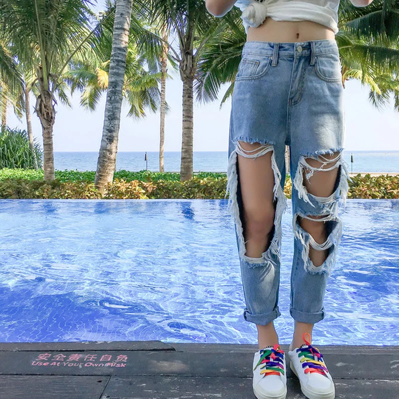 

Ripped Women's Jeans Summer High Waist Pants 2022 Streetwear Straight Denim Fashion Loose Trousers Ladies