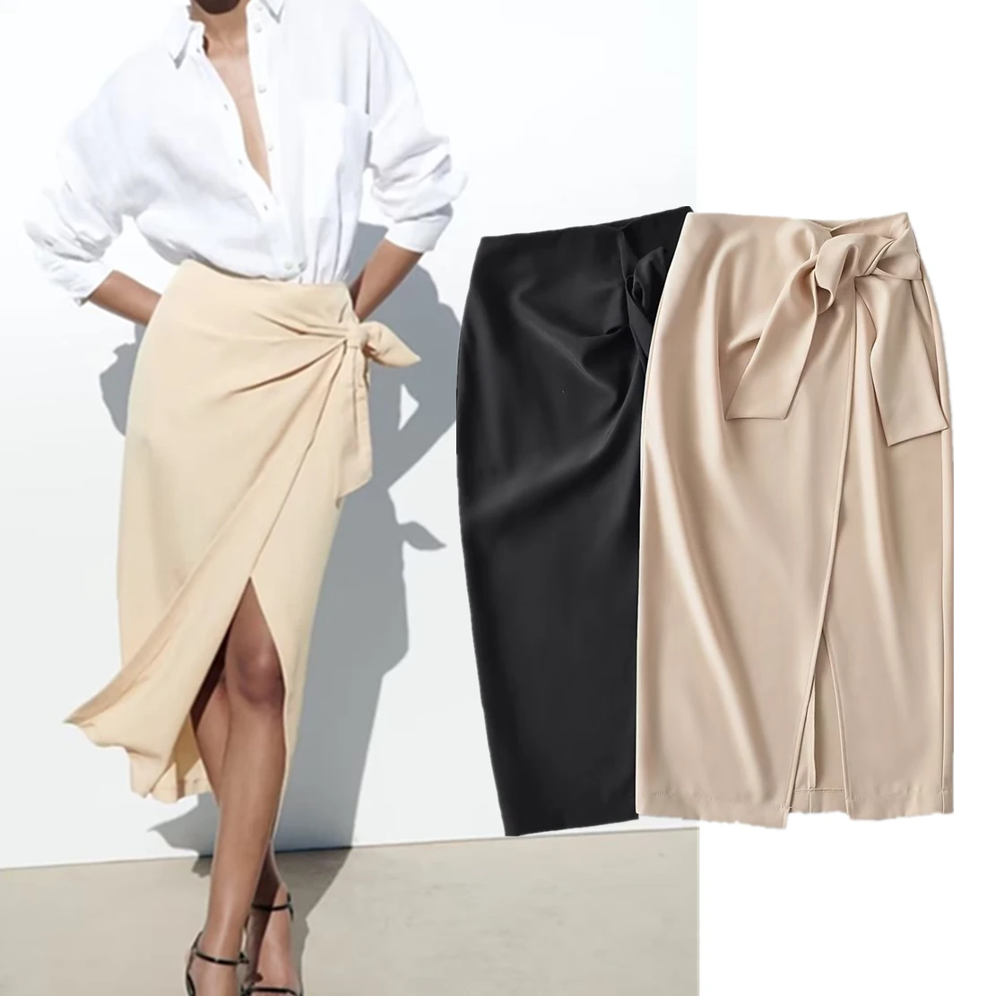 

Dave&Di 2023 Spring New Fashionable Mini Skirt Women And Elegant Midi Skirt With Bow Tie Design Asymmetric