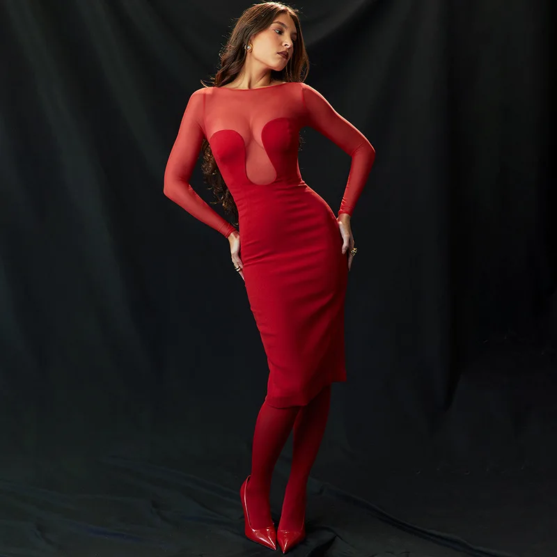

Красное рождественское платье миди для женщин, соблазнительные сетчатые облегающие платья с длинным рукавом, осенне-зимняя модная вечерняя одежда Вечерние 2023