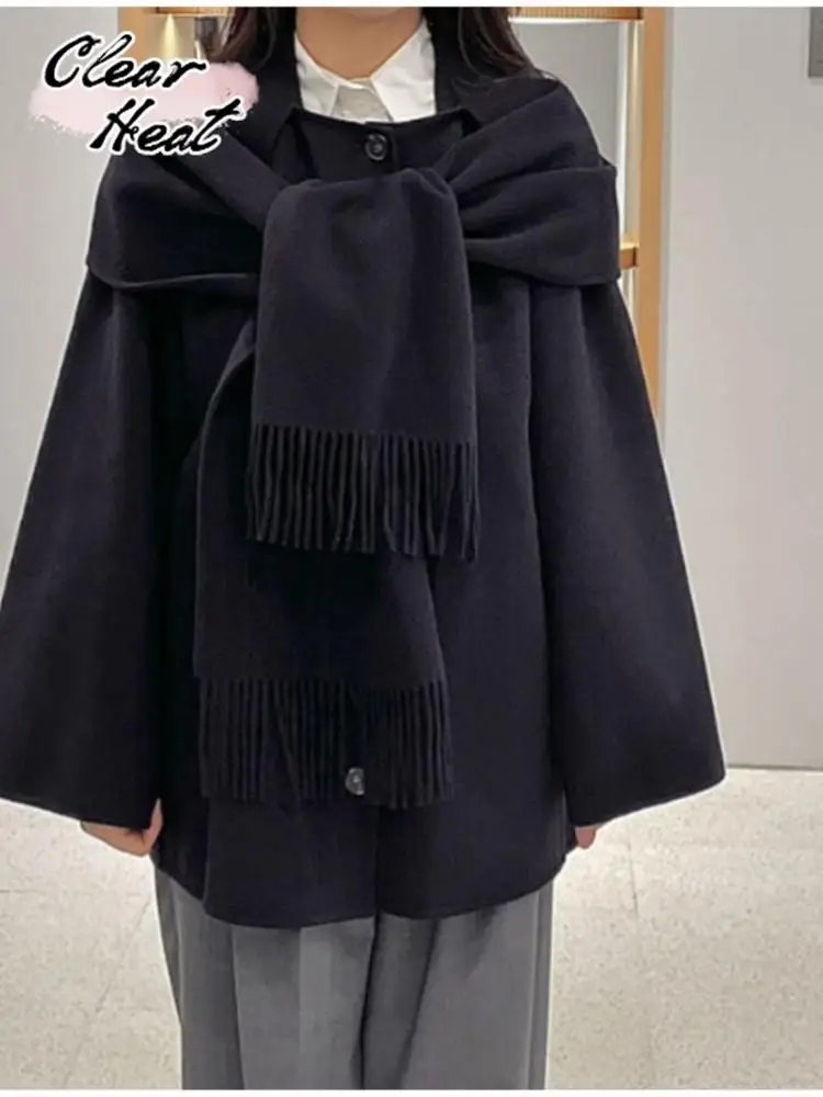 

Women Woolen With Scarf Patchwork Coat Long Sleeve Single Breasted Pocket Female Coats 2023 Autumn Elegant Lady Street Overcoat