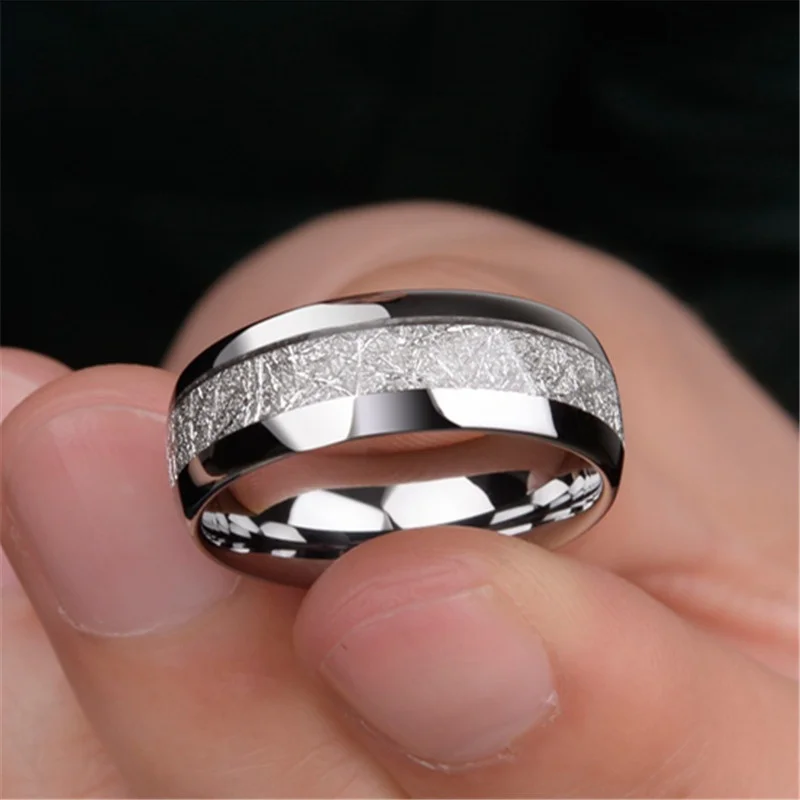 

Luxury Designer 8MM Meteorite Stone Pattern Inlaid Gold Color Stainless Steel Ring Engagement Wedding Band Party High Jewelry