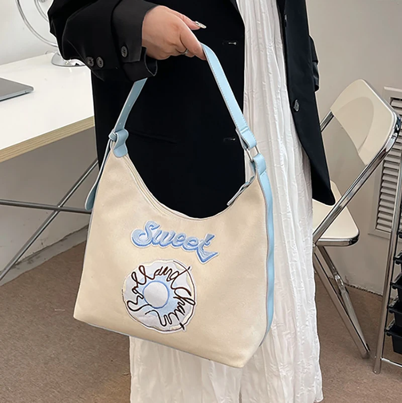 

Embroidery Canvas Big Shoulder Bag for Women Letter Handbags Japanese Tote Ladies Fashion Shopper Bags Casual Purses 2022 Ins