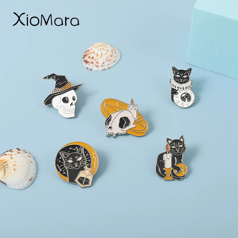 

Wicth Skeleton Enamel Pins Skull Candle Punk Cats Brooches Matel Button Badge Lapel Pin Backpack Accessories Jewelry Gift