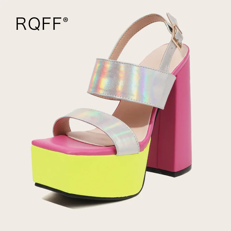 

Women Platform Sandals Fashion New Pu Leather 5.5cm Square Super High Heels Buckle Strap Plus Size 43 Party Shoes Silver RQFF