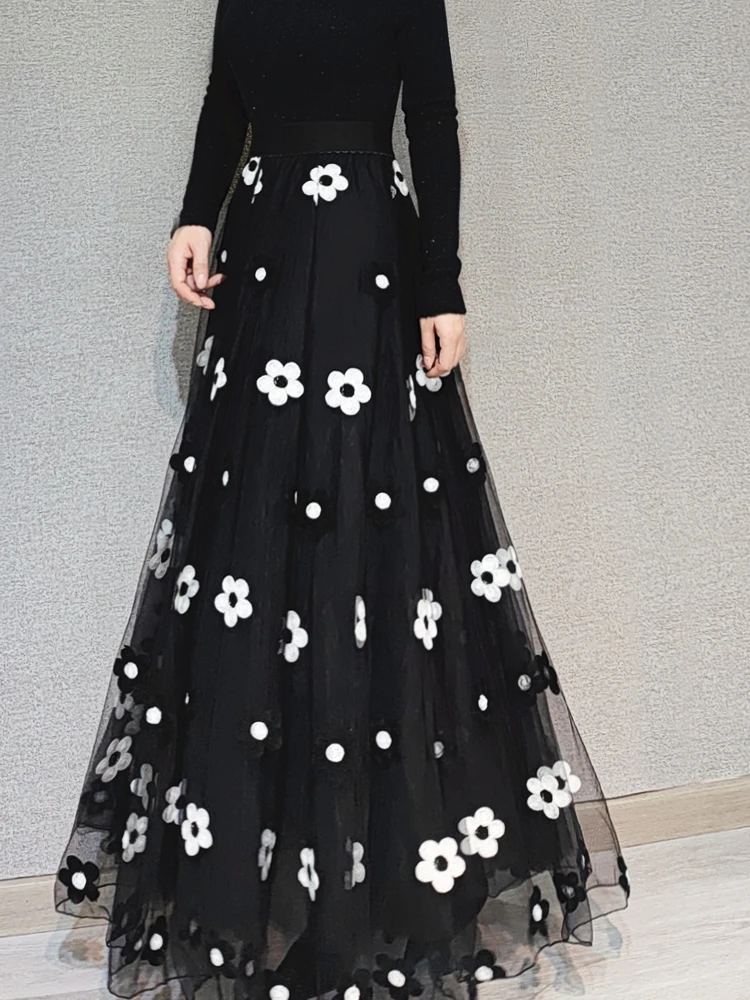 

Long Midi Elegant Skirt Women Embroidery Flower Mesh Skirts 2022 New Korean Style Jupes Japanese Sweet Saia Feminina