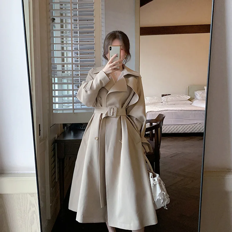 

SuperAen Windbreaker Women's 2023 Spring Autumn New Waistband Korean Office Lady Long Khaki Coat