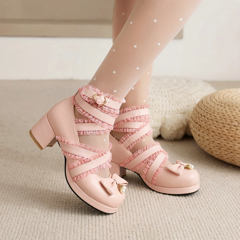 Cross Strap Women Chuncky High Heels Mary Jane Shoes Party Wedding Cosplay White Pink Ruffles Bow Princess Lolita Pumps 34-45