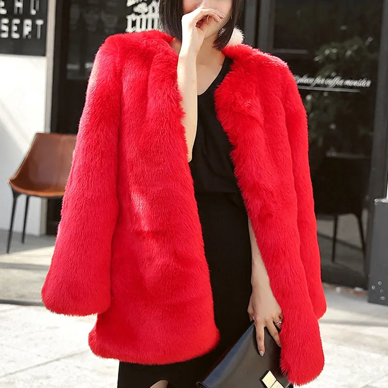 

Women Winter Green Keep warm V Neck Hairy Shaggy Faux Fox Fur Jackets Vintage Long sleeve Furry Faux Fur Coat Loose Outerwear