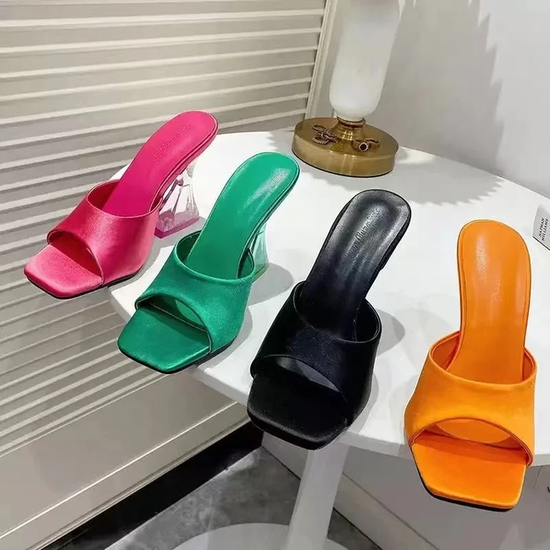 

2022 New High-heeled Ladies Slippers Summer Crystal Heel Cloth Satin European and American Fashion Women's Shoes Slippers Women