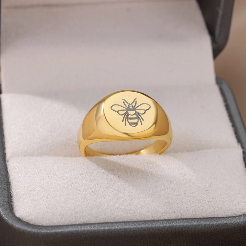 

Stainless Steel Bee Rings For Women Punk Color Signet Couple Ring Korean Fashion Wedding Aesthetic Jewelry Gift Bague Femme