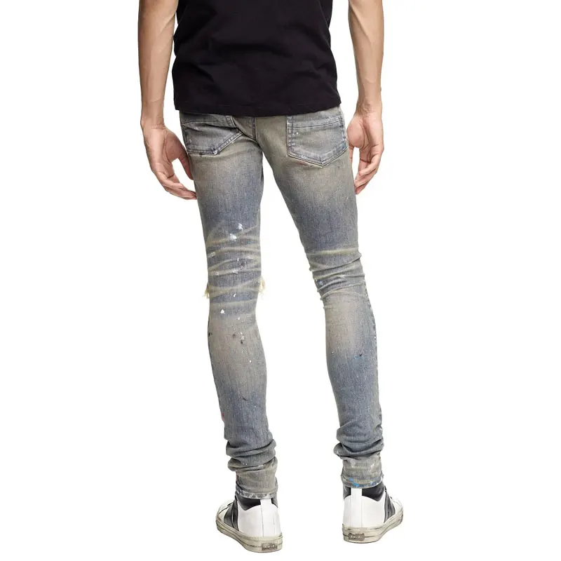 Streetwear Fashion Men Jeans Retro Washed Stretch Skinny Fit Hole Ripped Jeans Men Painted Designer Hip Hop Brand Pants Hombre