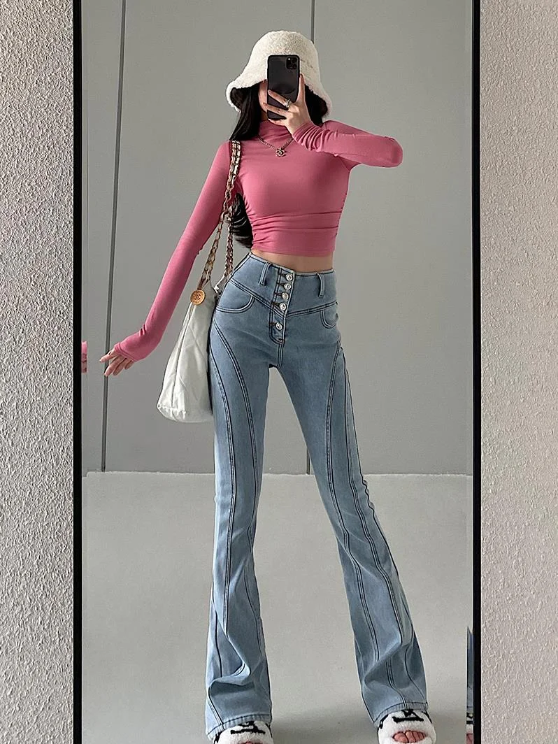 

Sweet High Waist Slim winter autumn Flare Pants Jeans Denim Trousers Full Length Pants High Street Kroean Women RZ8U