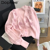 heavy industry beads v neck crop knitted cardigan women 2022 spring autumn new korean style loose fahsion pink sweater top coat