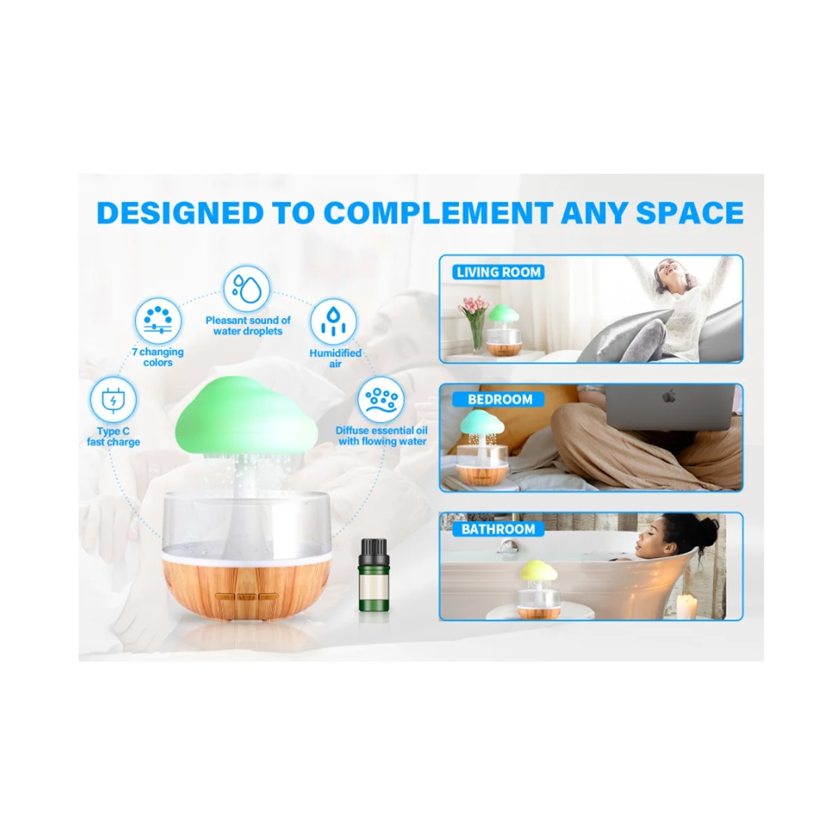 

USB Humidifier Colorful Night Light Aromatherapy Oil Diffuser Relaxing with Calming Water Drop Sounds