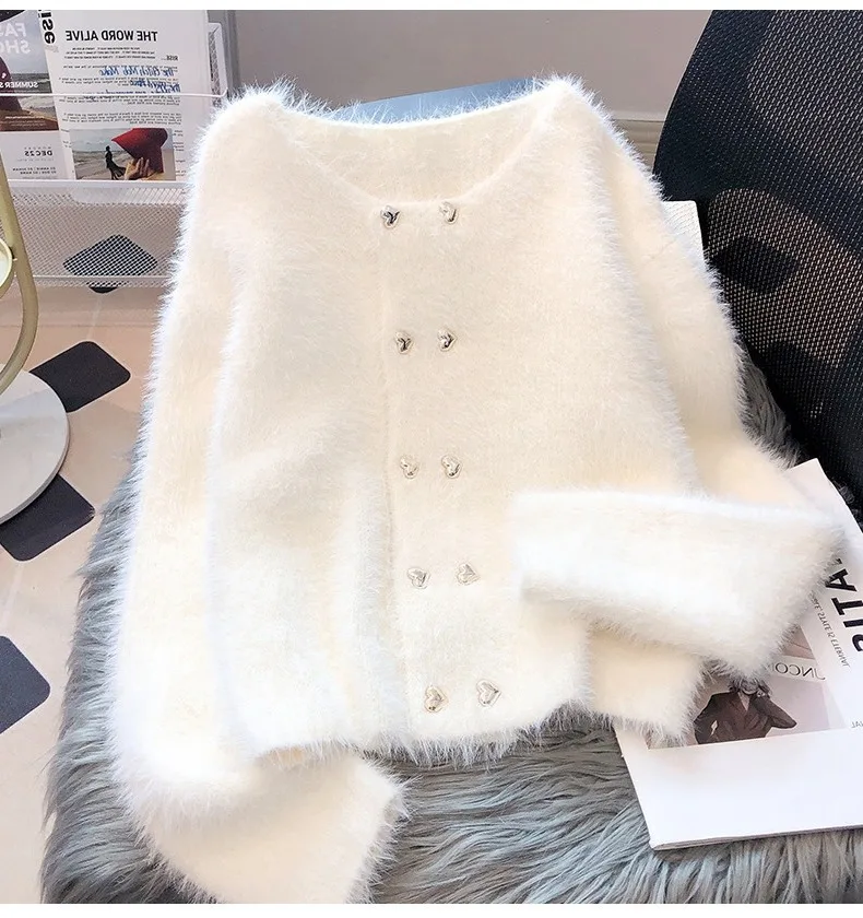 

Вязаный кардиган из искусственной норки, женский свитер, короткий двубортный топ из искусственной норки с круглым вырезом для осени и зимы