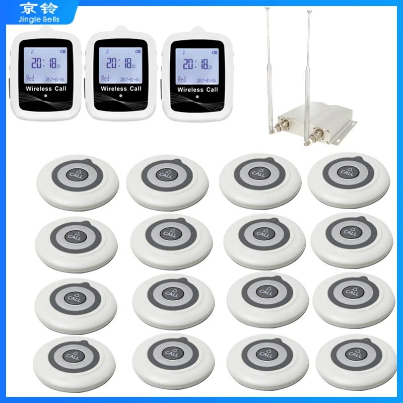 Long Range Calling System Wireless 3 Watch Receiver + 16 Super Thin Call Button Transmitter+ 1 Repeater For Restaurant Waiter