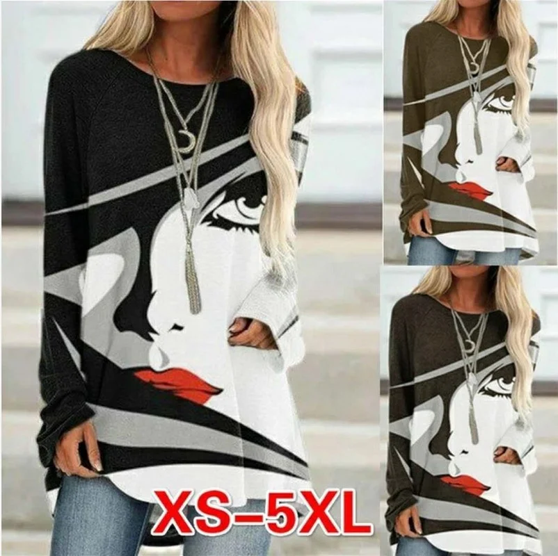 

White-Black Abstract Vintage Shirts Tops Women Loose Crew Neck Cotton Casual Shirts Tops Long Sleeve Irregular T-shirt Print Bl