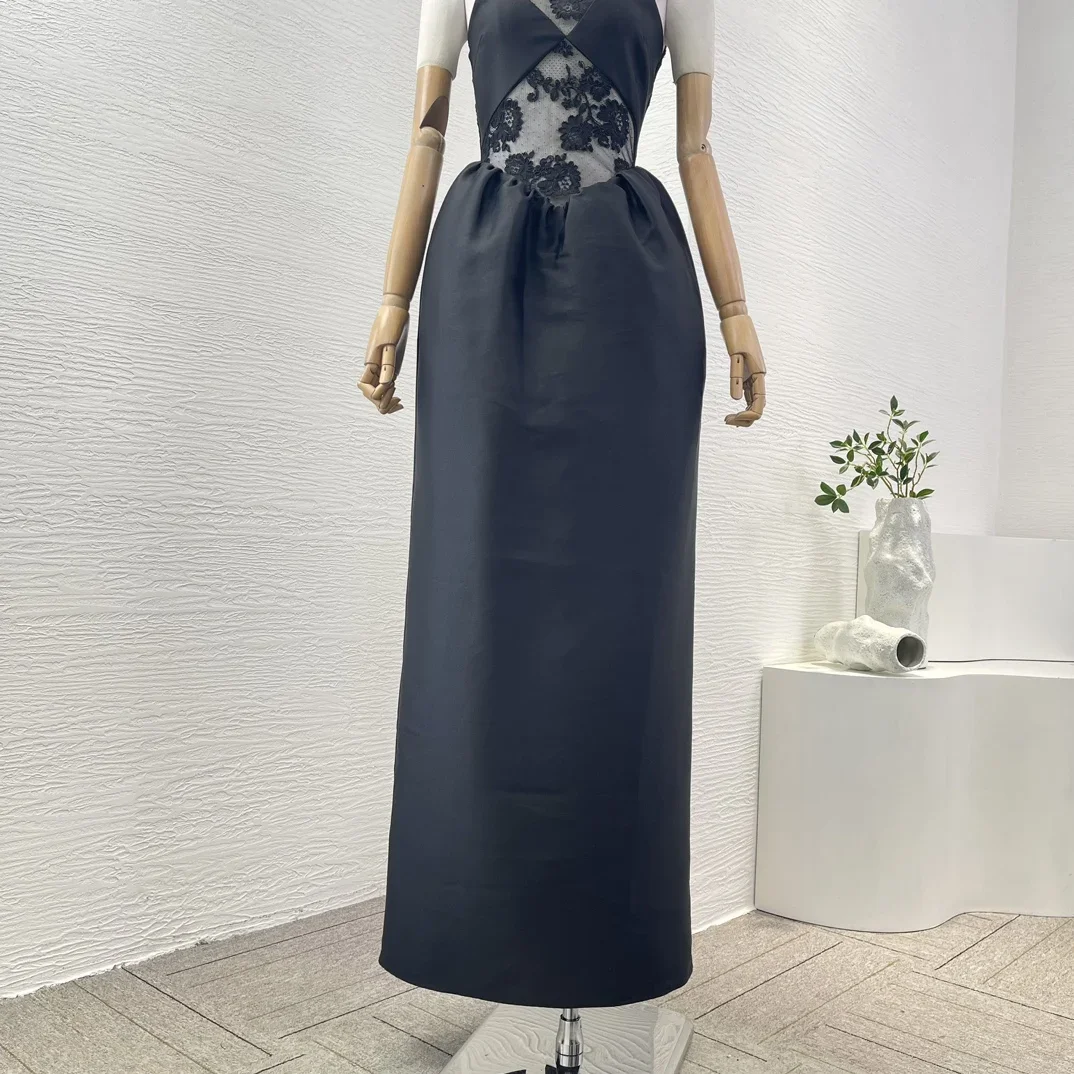 Новые поступления черное кружевное лоскутное платье без рукавов высшего