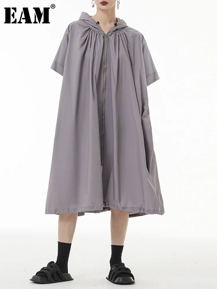 

[EAM] Loose Fit Gray Brief Big Size Long Casual Jacket New Hooded Half Sleeve Women Coat Fashion Spring Autumn 2023 1DF8777