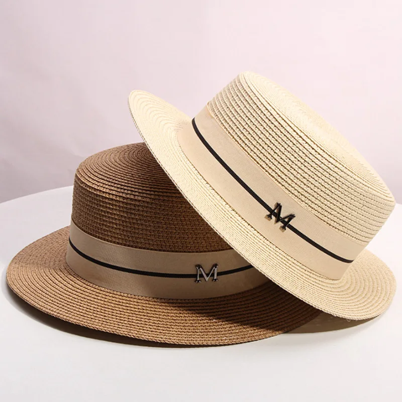

New Alphabet M Sun Hats for Women Summer Panama Straw Hats Flat Top Fedoras Big Brim Beach Hat Unisex Visor Cap Chapeau Femme