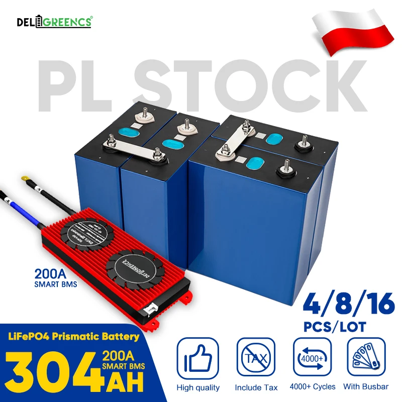 

Poland 304AH Tax Free 4/8/16PCS With Smart 200A BMS Lifepo4 Battery Rechargeable Lithium Battery Power Bank for Solar System