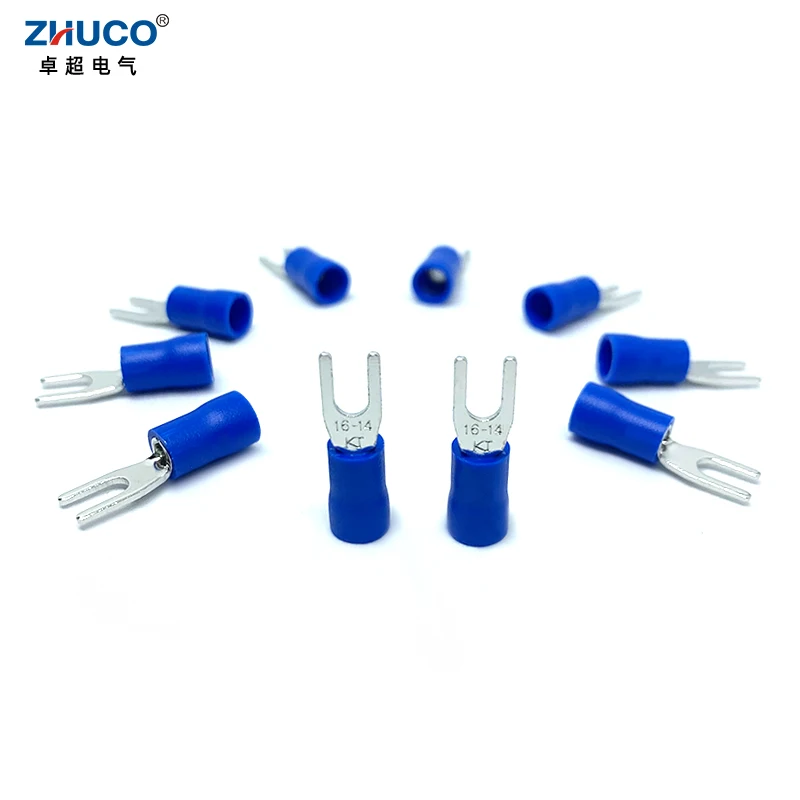 

100pcs SV2-3 Blue SV Spade U Fork Furcate Wire Copper Connector Pre-Insulated Cord Pin End Terminal AWG16-14 Crimp Terminal