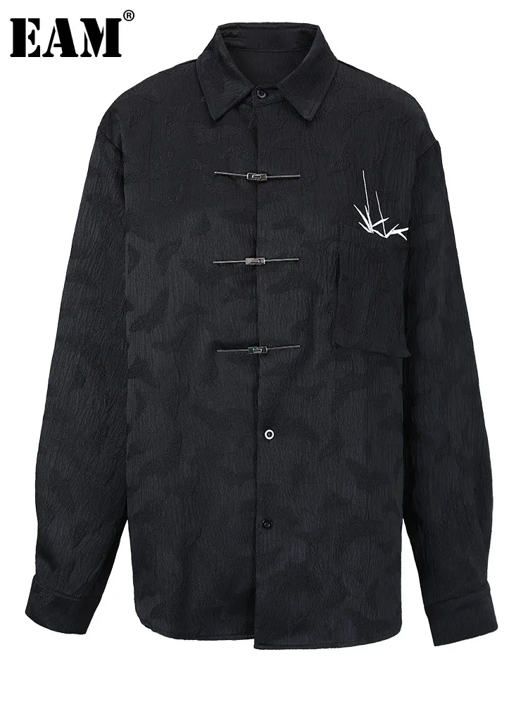 

[EAM] Women Black Embroidery Big Size Vintage Blouse New Lapel Long Sleeve Loose Fit Shirt Fashion Spring Autumn 2023 CPG0670