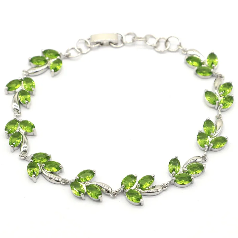 

16x10mm SheCrown Charming Leaf Shape Green Peridot Swiss Blue Topaz Woman's Dating Silver Bracelet 7.0-8.0inch