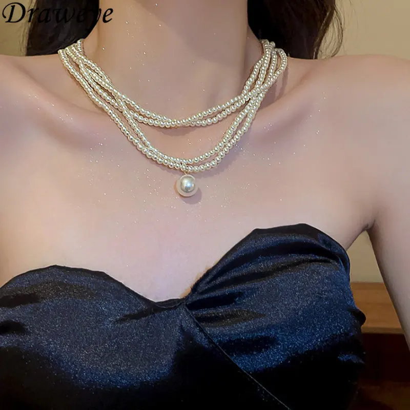 

Draweye Pearls Necklaces for Women Beads Korean Fashion Elegant Summer Jewelry Vintage Office Lady Collares Para Mujer