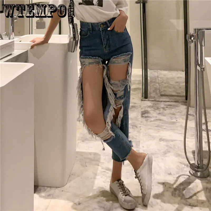 Plus Size Spring and Autumn New Big Hole Trousers Washed Ripped Jeans Female Plus Size High Waist Loose Distressed Denim Pants