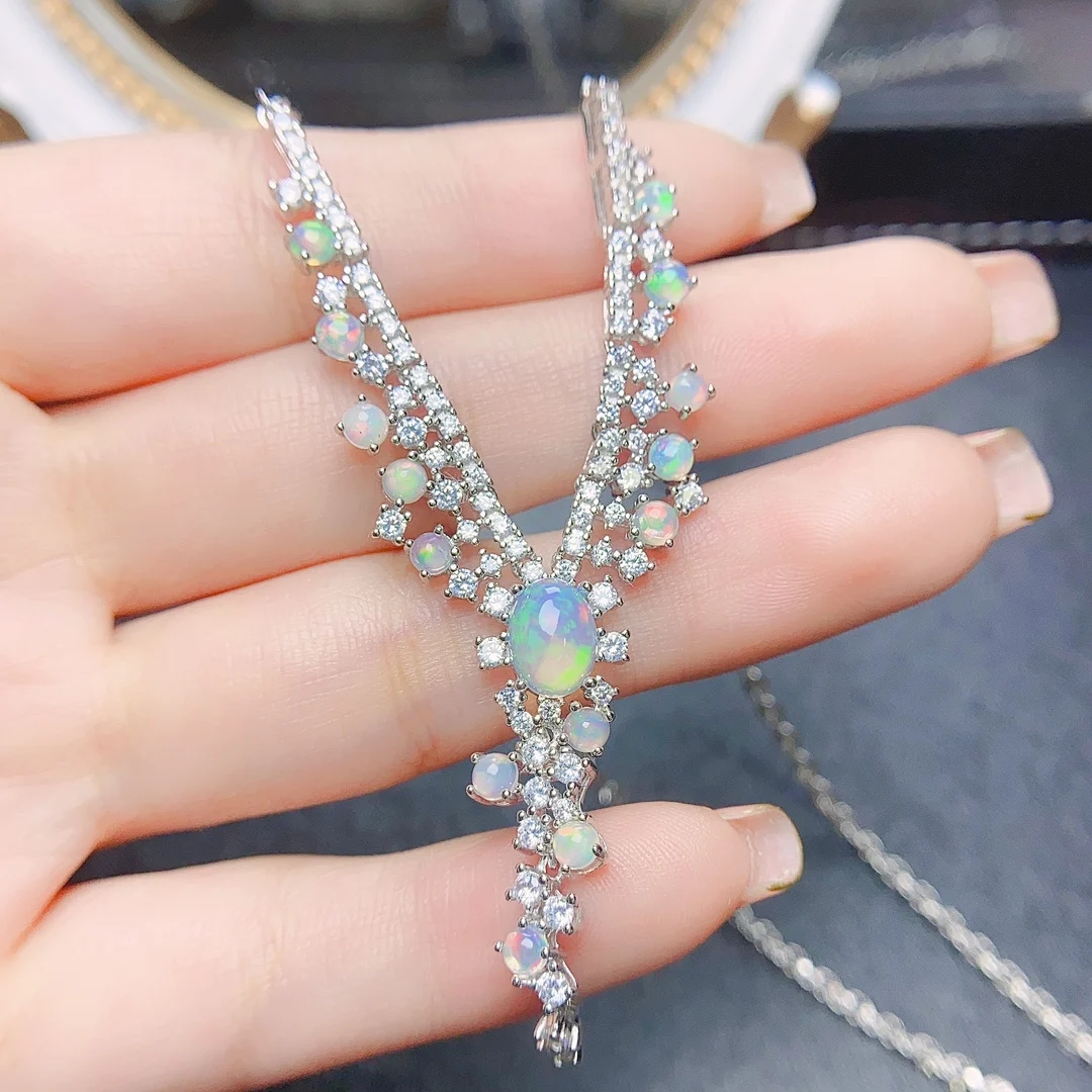 Женское ожерелье из серебра 925 пробы с натуральным опалом