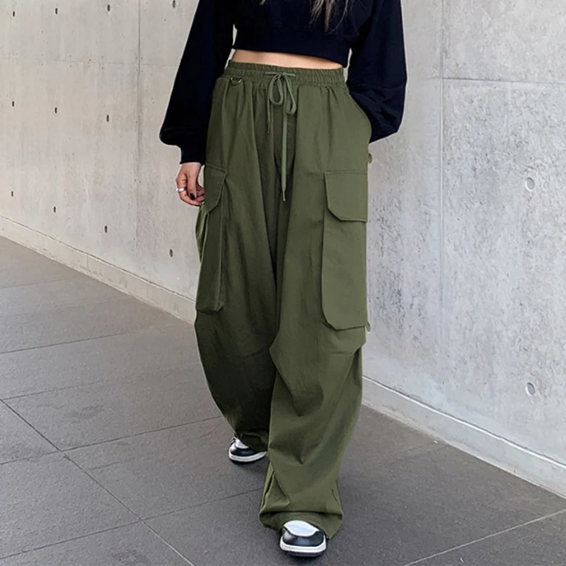 

WeiYao Retro Green Casual Baggy Wide Leg Joggers Sweatpants Women Pockets Drawstring High Waist Cargo Pants Korean Streetwear