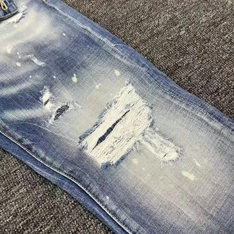 New DSQUARED2 Men's/Women Slim-Fit Jeans, Fashion Hole Patch Frayed Micro-Elastic Pants 076