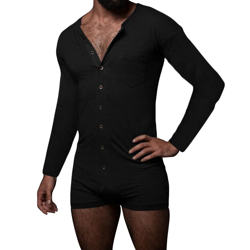 Mens Onesies Leotard Bodysuit Long Sleeve Undershirts Jumpsuit Romper Single-breasted Sleepwear Nightwear Pijama Hombre Homewear