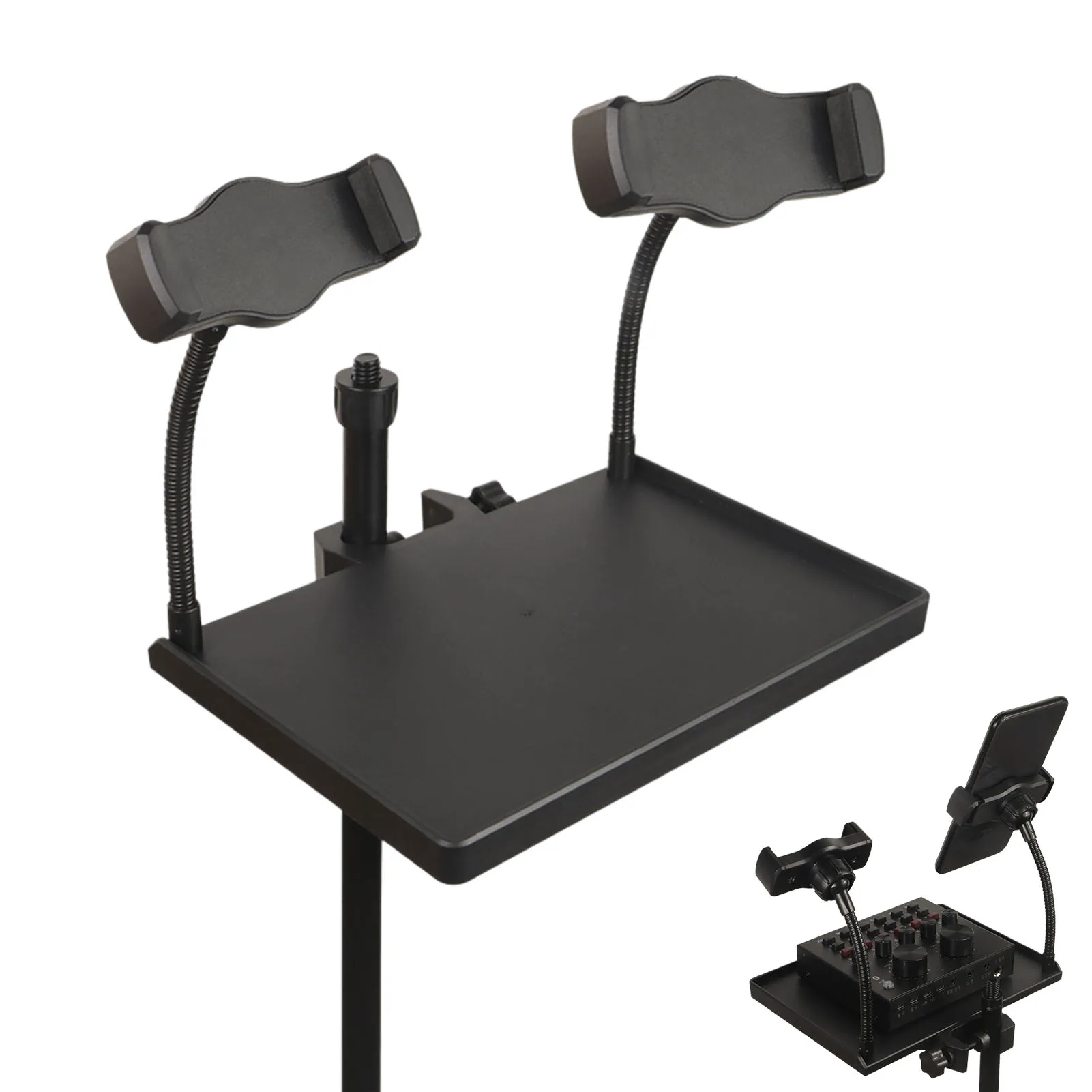 

Microphone Stand Tray Thickened Microphone Stand Clamp Black Two-hole Pallet Stand Sound Card Tray With Phone Holder For Live