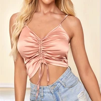 spring summer fashion sexy women crop top solid pleated drawstring lady camisole casual slim female clothes chic streetwear