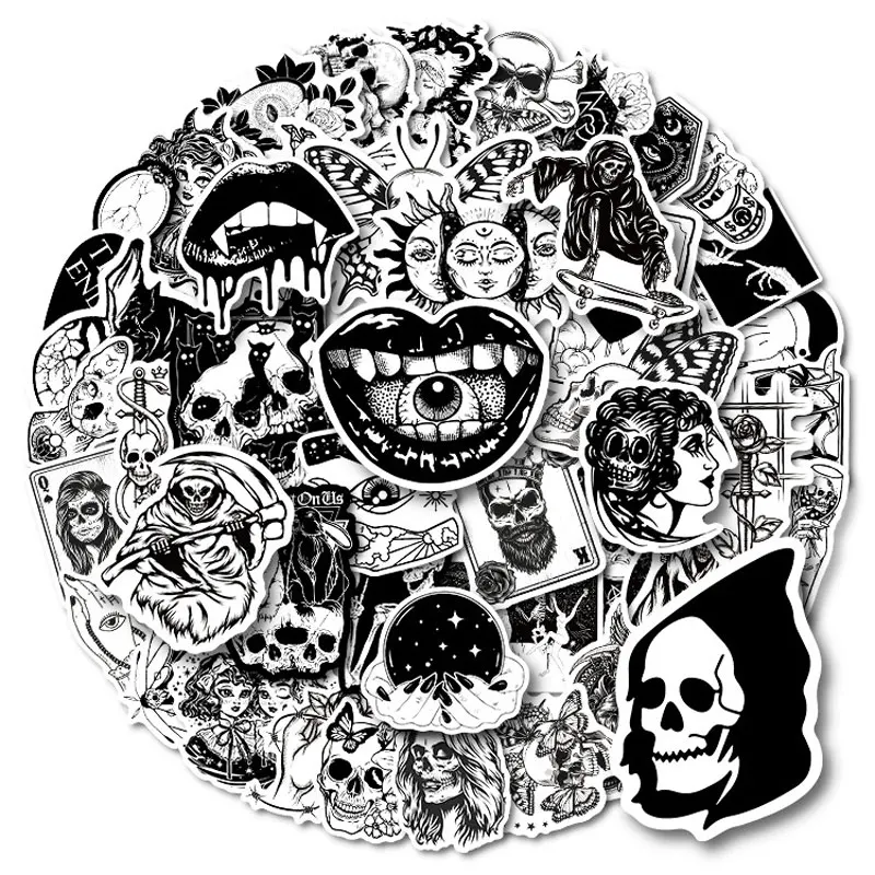 10/30/50pcs Gothic Series Stickers-3 European and American Punk Style Black and White Gothic Cool Skull Sticker Scooter Sticker cool skull style keychain w 2 red leds sound effect white 3 x ag10 2 pcs