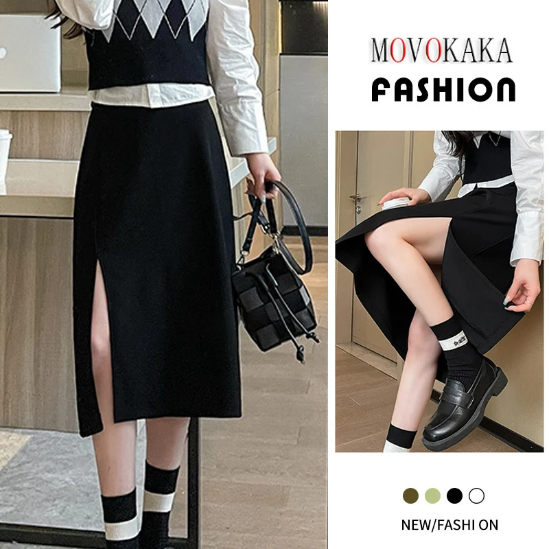 

MOVOKAKA Ladies Spring Summer Elegant Mid Skirts With Slit High Waist Package Hip Black Slim Skirt Casual Stylish Skirts Women