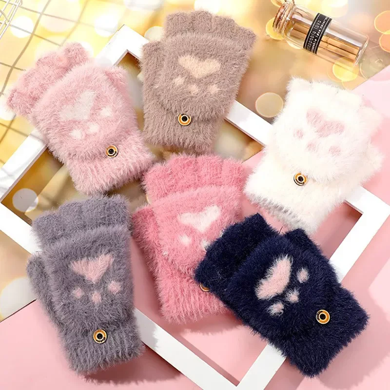 

New in gloves Cute Cat Claw Winter Warm Touchscreen Gloves Women Men Fluff Fingerless Flip Gloves Outdoor Knitted Mittens Glove