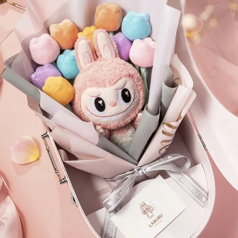Pop Mart LABUBU Valentine's Day Bouquet Plush Toys Kawaii Anime Action Figure Ornament Home Decor Desktop Dolls Model Girls Gift