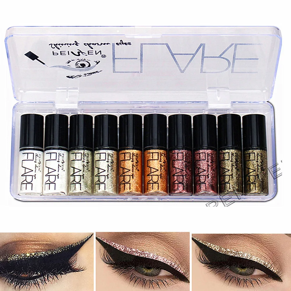 

10pcs/box New Shiny Eye Liners Cosmetics for Women Pigment Silver Rose Gold Color Liquid Glitter Eyeliner косметика бокс дешево