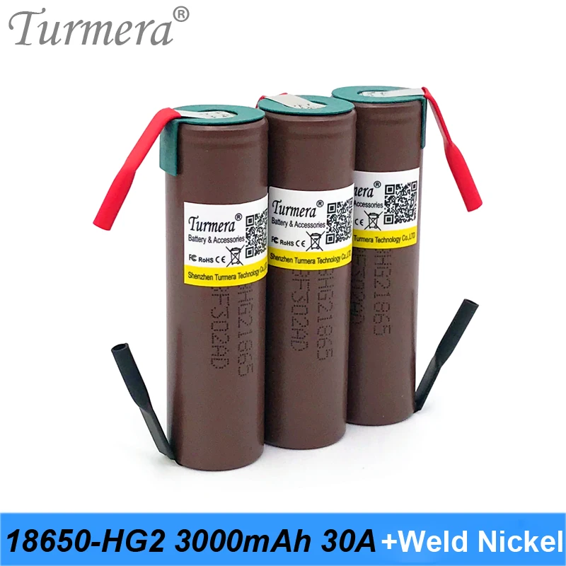 

Turmera 2021 18650 HG2 3000mAh Battery 30A Soldering Nickels for 12V 14.4V 18V 21V 25V Electric Drill Screwdriver Batteries Use