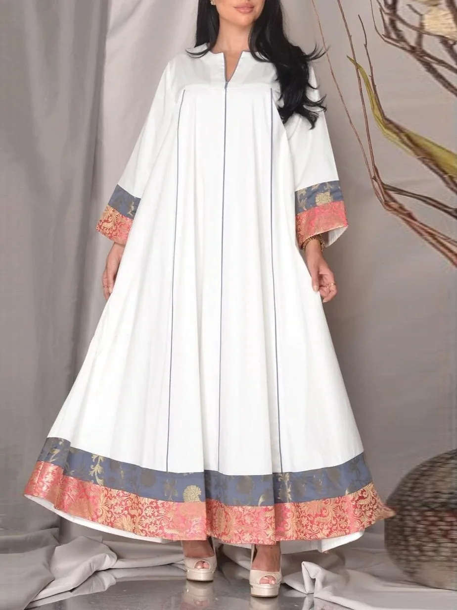 Spring Summer New Women's Clothing White Long Sleeve Elegant Loose Dress Djellaba Muslim Long Maxi Dress Abaya
