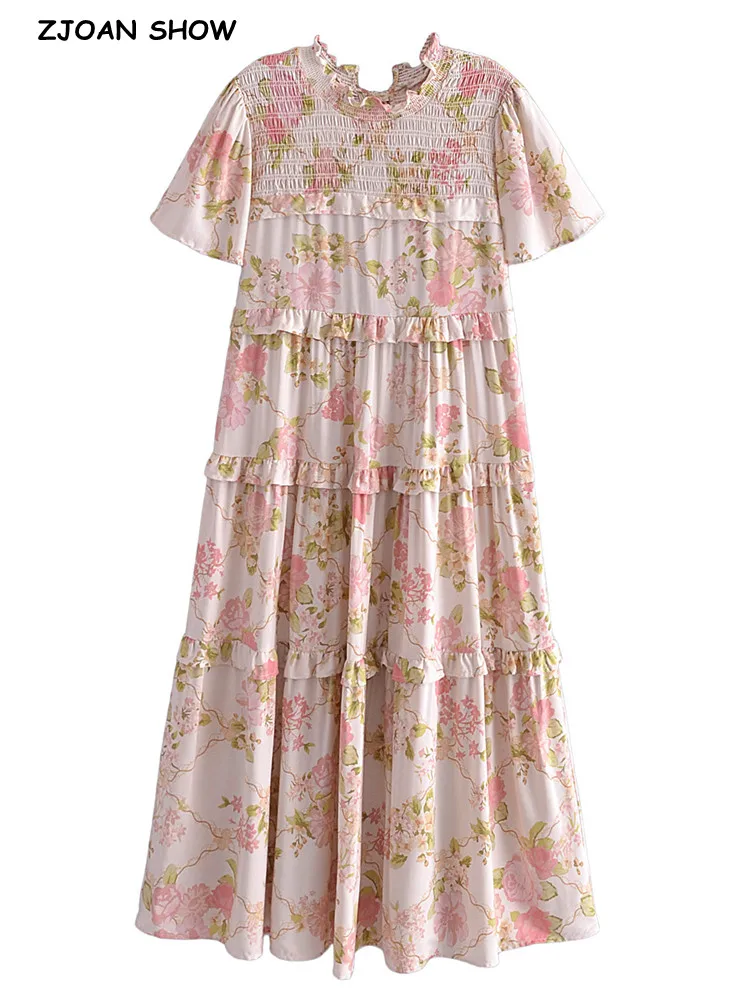 

2022 BOHO Spliced Wood ears Ruffles Pink Floral Print Midi Dress Hippie Women Elastic Ruched Shoulder Dresses Holiday Robe